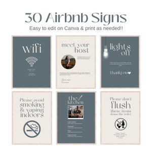 30 plakatów Airbnb Signage, pakiet znaków do wynajęcia, edytowalny Airbnb, znak Wi-Fi, powitalna książka Airbnb, pakiet znaków Airbnb, szablon Canva do oznakowania