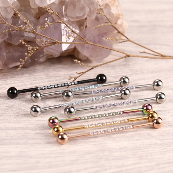 316L Surgical Steel Industrial Piercing Jewelry 14G Cartilage Earring 1 1/2 Inch 38mm Industrial Barbell with CZ