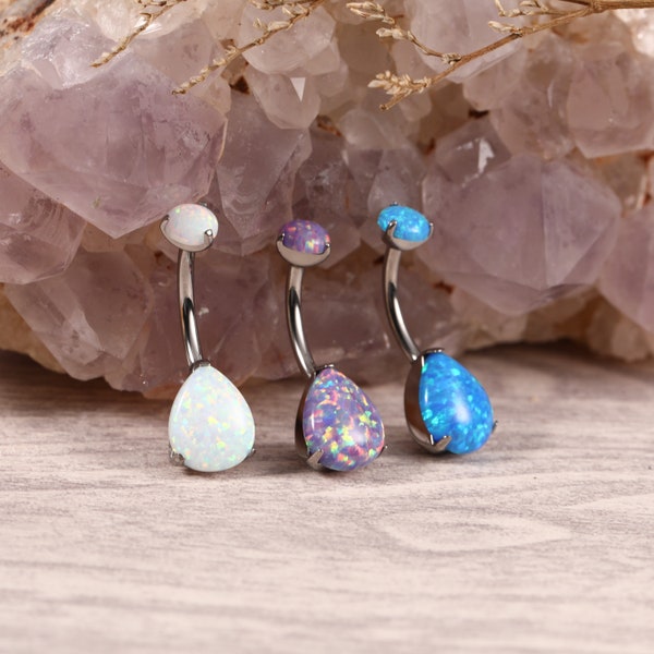 Implant Grade Titanium Internally Threaded Top Prong Set Opal Belly Button Navel Rings Water Drop