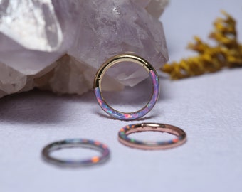 Nose Ring Hoop Septum Ring Piercing Jewelry Conch Cartilage Earring Hinged Daith Tragus Hoop Gold Nose Ring Purple Opal 316L Surgical Steel