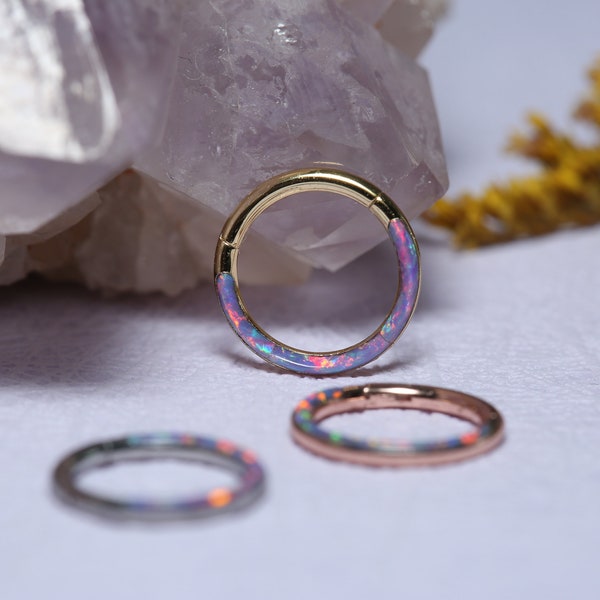 Nose Ring Hoop Septum Ring Piercing Jewelry Conch Cartilage Earring Hinged Daith Tragus Hoop Gold Nose Ring Purple Opal 316L Surgical Steel