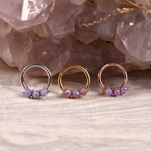 Opal Hinged Segment Hoop Ring 316L Surgical Steel Nose Earring Hoop Purple Opal Conch Septum Ring Cartilage Earring Hoop Helix Piercing