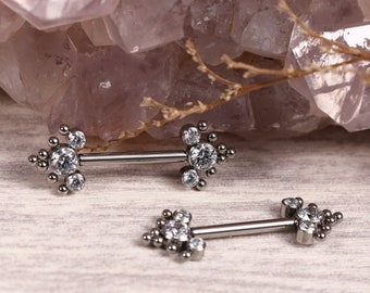 G23 Titanium Nipple Barbells 14G Nipple Piercings Front Facing Clear CZ Nipple Rings Pair