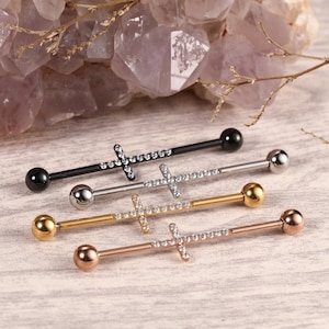 Industrial Barbell Surgical Steel 14G Industrial Earrings with Cross CZ Cartilage Body Piercing Jewelry 1 1/2 Inch 38mm