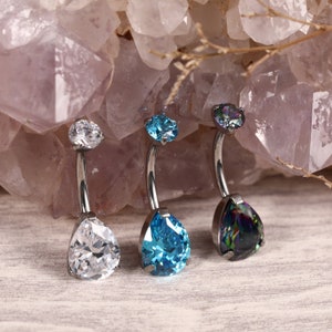 14G 3/8 inch (10mm) Prong Set Double Sparkle Gem G23 Titanium Belly Button Navel Piercing Ring Water Drop Shape