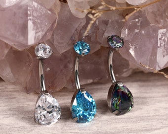 14G 3/8 inch (10mm) Prong Set Double Sparkle Gem G23 Titanium Belly Button Navel Piercing Ring Water Drop Shape