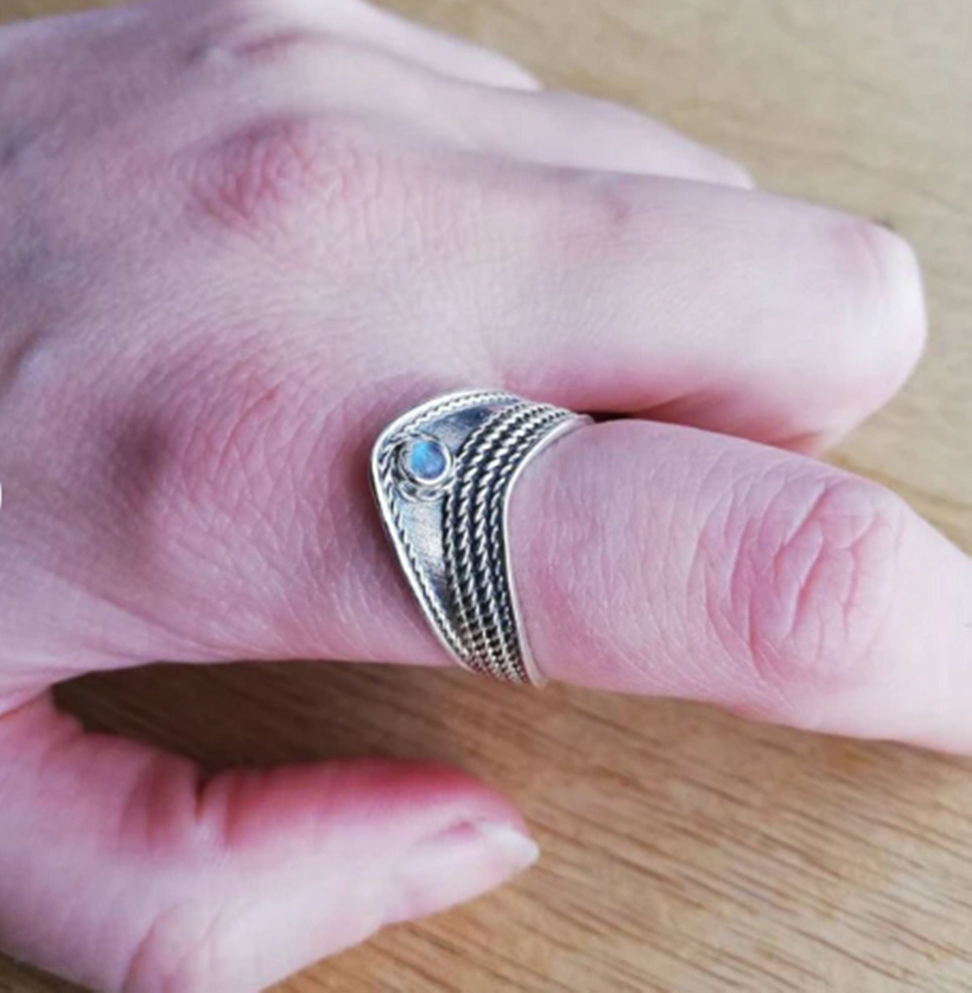 Thumb Ring Chevron Moonstone Ring Boho Sterling Silver Ring for
