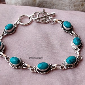 Blue Turquoise Bracelet, Gemstone Handmade Bracelet, 925 Sterling Silver Adjustable Bracelet Silver Jewelry Gift For Mom Birthstone Bracelet