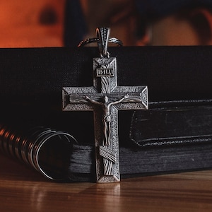 Crucifix Orthodox Necklace in Silver, Jesus in Orthodox Cross Necklace, Oxidized Faith Necklace For Dad, Boyfriend Necklace, Christmas Gift