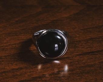 Flat Top Mens Black Onyx Ring in Sterling Silver, Flat Black Gemstone Ring for Statement, Male Promise Ring in Silver, Wedding Men Gift Ring
