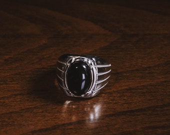 Wide Band Ring with Oval Black Onyx on Top, 925 Sterling Silver Mens Ring with Oval Black Stone, Onyx Ring for Men, Gothic Wedding Men Rings