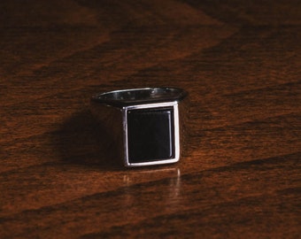 Rectangle Black Onyx Ring for Male Promise, Flat Black Gemstone Promise Ring for Him, Unique Mens Fashion Ring in Silver, Gift Mens Jewelry