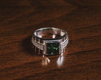 Emerald Gemstone Sterling Silver Men Rings, Engraved Green Emerald Stone Pinky Men Ring, Male promise ring, Wedding Man Rings, Gift for Dad