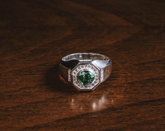 Octagon Signet Ring with Green emerald and Pave CZ, Sterling Silver Statement Ring for Men, Unique Emerald Fashion Ring, Man Wedding Rings