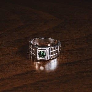 Green Emerald Mens Solitaire Silver Ring For Promise, Sterling Silver Green Stone Statement Ring for Men, Male Wedding Green Jade Band Rings