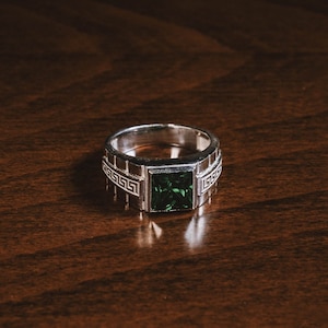 Emerald Gemstone Sterling Silver Men Rings, Engraved Green Emerald Stone Pinky Men Ring, Male promise ring, Wedding Man Rings, Gift for Dad