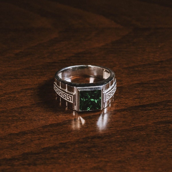 Emerald Gemstone Sterling Silver Men Rings, Engraved Green Emerald Stone Pinky Men Ring, Male promise ring, Wedding Man Rings, Gift for Dad