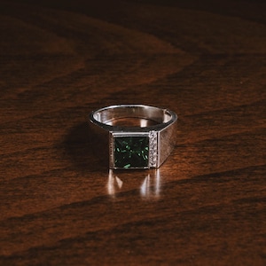 Square Cut Emerald Plain Silver Ring for Men, Male Promise Ring with Green Emerald, Green Jade Stone Men Ring for Dad Gift, Wedding Men Ring