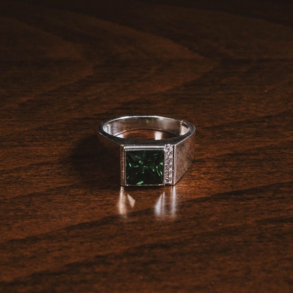 Square Cut Emerald Plain Silver Ring for Men, Male Promise Ring with Green Emerald, Green Jade Stone Men Ring for Dad Gift, Wedding Men Ring