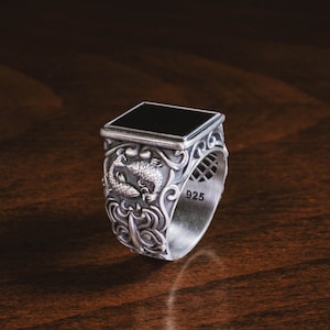 Engraved Koi Fish Large Onyx Ring for Statement, Rectangle Big Black Onyx Ring in Silver, Flat Top Black Gemstone Ring, Sterling Silver Gift