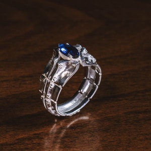 Unique Men Sapphire Stone Ring for Statement, Extraordinary Ring, Marquise Cut Sapphire Futuristic Men Ring in Silver, Blue Stone Man Rings