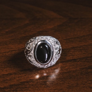 Black Onyx Mens Filigree Ring in 925 Sterling Silver, Wide Band Ring with Oval Onyx for Men, Engraved Celtic Symbol Ring, Gift Ring for Mens