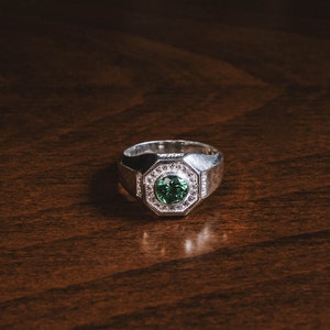 Octagon Signet Ring with Green emerald and Pave CZ, Sterling Silver Statement Ring for Men, Unique Emerald Fashion Ring, Man Wedding Rings