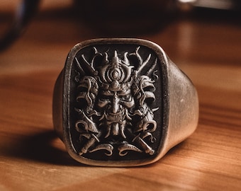 Sterling Silver Japanese Samurai Warrior Men Ring, Japanese Art Engraved Signet Ring, Gothic Style Fantasy Ring, One Of A Kind Gift Ring