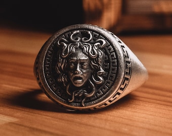 925 Silver Medusa Pinky Signet Ring For Men, Greek Mythology Engraved Gorgon Ring, Fantasy Serpent Ring For Boyfriend, Ancient Ring For Dad