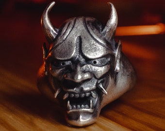 Sterlingzilveren Hannya Mask-mannenring, demonenring voor mannen in gotische stijl, duivelsring voor vriend, Japanse onimaskerring in punkstijl