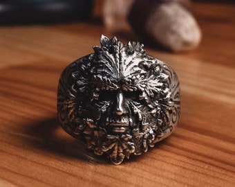 Green Man Extraordinary Ring For Men, Jack in the Green One Of A Kind Ring, Leaf Ring in Fantasy Style, Family Ring in Sterling Silver