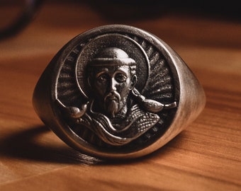Silver Saint Francis Of Assisi Christian Ring, Oxidized St Francis Pinky Signet Ring For Men, Patron Saint of Birds Faith Ring For Family