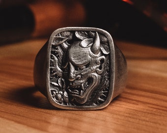 Oni Demon Japanese Art Mens Silver Ring, Demon Engraved Signet Ring For Men, Hannya Mask Devil Ring, Fantasy Ring in Gothic Style, Men Gift