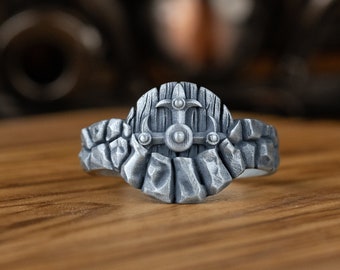 Anillo de hombre con sello de plata y escudo vikingo, linda joyería de anillo de plata celta, anillo de escudo de roca vikingo mínimo, regalo para novio