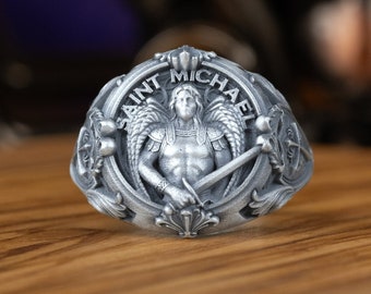 Saint Michael Archangel Signet Rings, St Archangel Shield Sword Men Silver Ring, Unique Men Ring With Christian Symbol, Gifts For Boyfriend