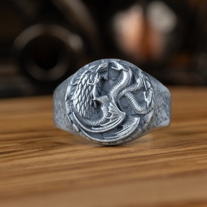Silver Man Ring With Stark Targaryen Wolf Dragon Got, Handmade Antique Style Wolf And Dragon Rings, Good Mythology Jewelry, Anniversary Gift