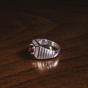 Clear Red Ruby Mens Ring for Men in 925 Silver, Greek Motifs Ruby Stone Men Ring in Sterling Silver, Unique Mens ring, Red Stones Men Rings