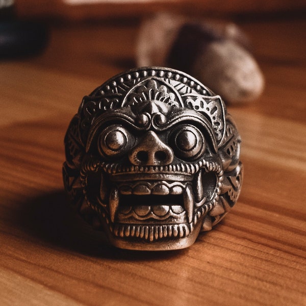 Silber Barong God Of Good Herrenring, balinesischer Mythologie Gothic Ring für Männer, indonesischer Ring für Schutz, Fantasy Ring für Mann Geschenk