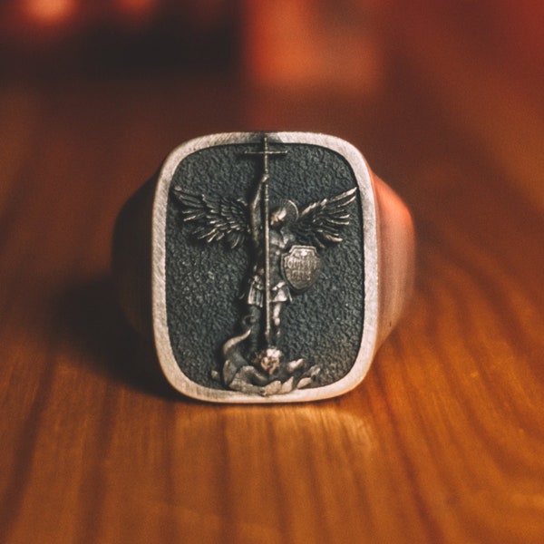 Saint Archangel Michael Christian Silver Men Ring, St Michael Square Signet Ring For Men, Religious Gift Mens Ring, Faith Ring For Family