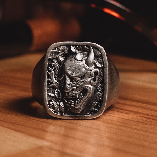 Oni Demon Japanese Art Mens Silver Ring, Demon Engraved Signet Ring For Men, Hannya Mask Devil Ring, Fantasy Ring in Gothic Style, Men Gift