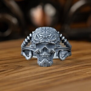 Sterling Silver Bio Skull And Crossbones Men Ring, Unique Biker Oxidized Jewelry, Silver Man Gothic Skull Ring, Punk Men Ring, Birthday Gift