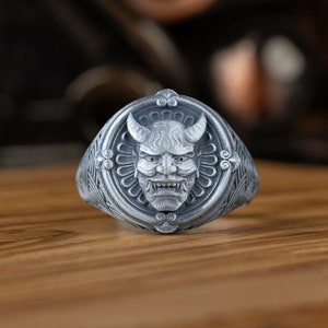 Japanese Art Hannya Mask Female Demon Horns Men Ring, Sterling Silver Japonese Demon Hannya Mask  Gift Ring, Japonese Jewelry, Men Gift Ring