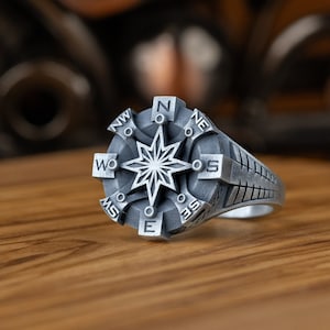 North Star Compass Silver Men Rings, Signet Traveler Man Ring, Seal Compass Signet Ring Jewelry, Bestfriend Gift Ring, Gift For Husband