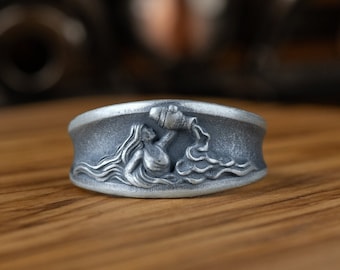 Anillo de banda de plata de ley Acuario Horóscopo del Zodíaco, Anillo de Acuario del Zodíaco unisex, Joyería de plata oxidada, Regalo para la madre, Regalo de aniversario