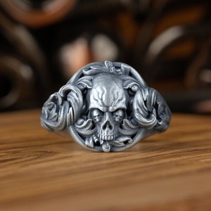 Antique Style Biker Gothic Skull Silver Rings, Victorian Pattern Biker Ring For Everyday Use, Biker Jewelry, Anniversary Gift, Birthday Gift