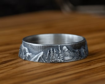 Big Mountains Sterling Silver Unique Men Ring, Travel Wedding Band Man Ring, Minimalist Modern Jewelry, Mens Statement Silver Ring, Men Gift