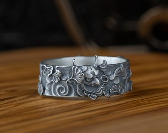 Japanse demon band mannen sieraden, oni masker band ring voor mannen, Hannya masker ring in925 zilver, demon masker ring, boze geest samurai masker ring