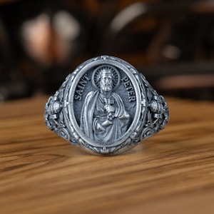 St Peter Apostle Silver Men Ring, Saint Peter Apostle Keys Of Heaven Shield Christian Men Ring, Silver Christian Gift Ring, Anniversary Gift