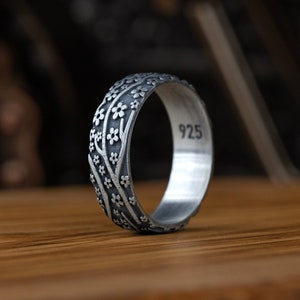 Sakura Flower Band Silver Rings, Japanese art Band Ring with Sakura Flowers Pattern, Cool Sakura Flower Band Ring, Japanese Men Gift jewelry