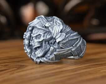 Handcrafted Signet Gothic Skull Men Ring, Raven And Skull Head Sterling Silver Ring, Oxidized Jewelry, Norse Men Jewelry, Gift For Boyfriend